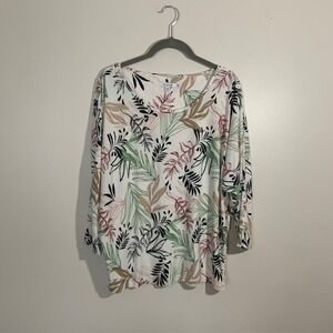 Chico's Size 2 Top Floral Tropical Long Sleeve Blouse EUC Coastal Chic Boho